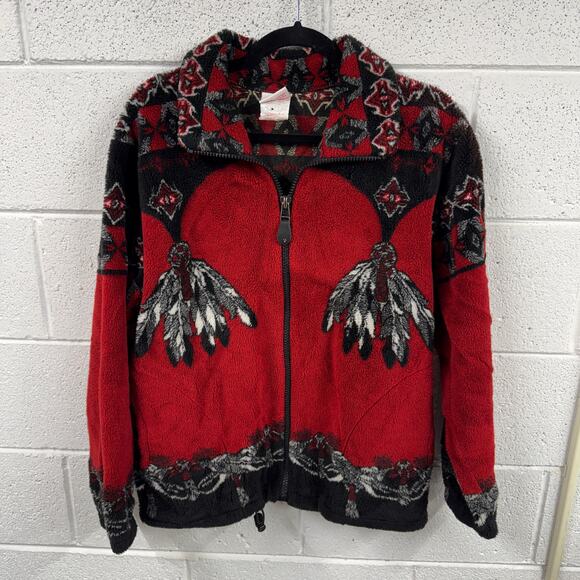 VTG 90s Milton Funwear Size S Jacket Deep Pile Fleece AOP Indian Native Fleece - Picture 1 of 12